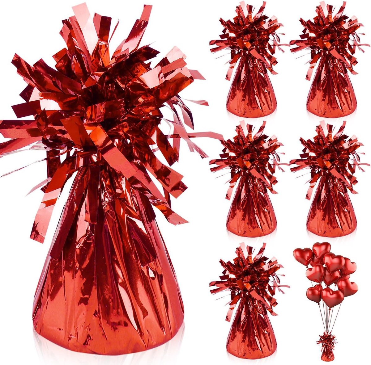 Ballonnen, kegelvormige ballongewichten met metaalfolie, 6 stuks, 155 g/stuk, zware hangers voor ballonnen, rood, voor verjaardagsfeest, bruiloft, feest