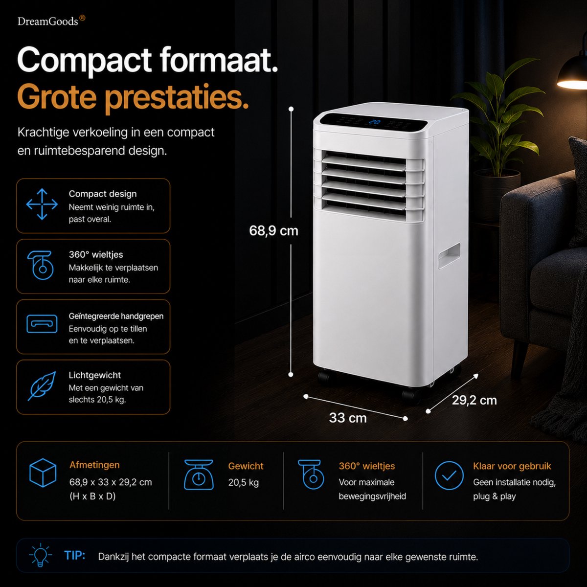 DreamGoods Mobiele Airco - 7000 BTU - 3-IN-1 Airconditioner met Afvoerslang - Verkoelen, Ventileren & Ontvochtigen - Complete Airco Set met Raamafdichtingskit thumbnail 8