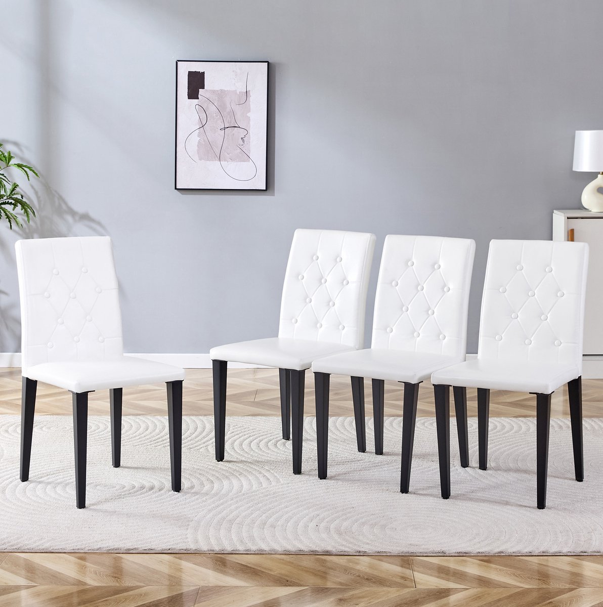 DESMIU Eetkamerstoel Set Van 4 - Wit Zwart - Gecapitonneerde Rugleuning En Zachte Zitting - Voor Eetkamer, Café En Hotel - PU Leer - Metaal
