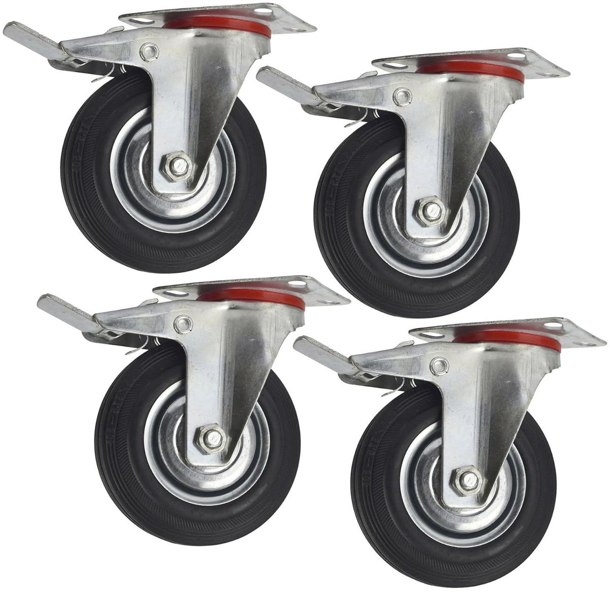 Set van 4 Zwenkwielen met Rem - 125mm Rubberen Wielen met Montageplaat