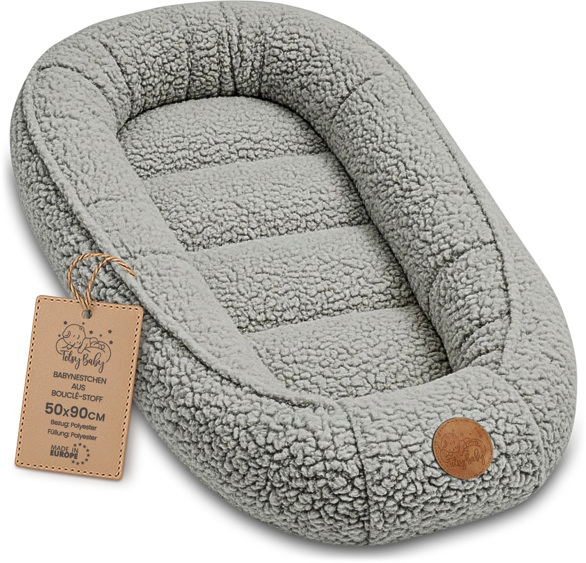 Knus Baby Nestje Pasgeborene – zacht draagbaar en comfortabel Nest voor Ledikant Kinderbed Wieg Babykamer en Onderweg – behaaglijk voor Jongen & Meisje 90x50 cm Lichtgrijs