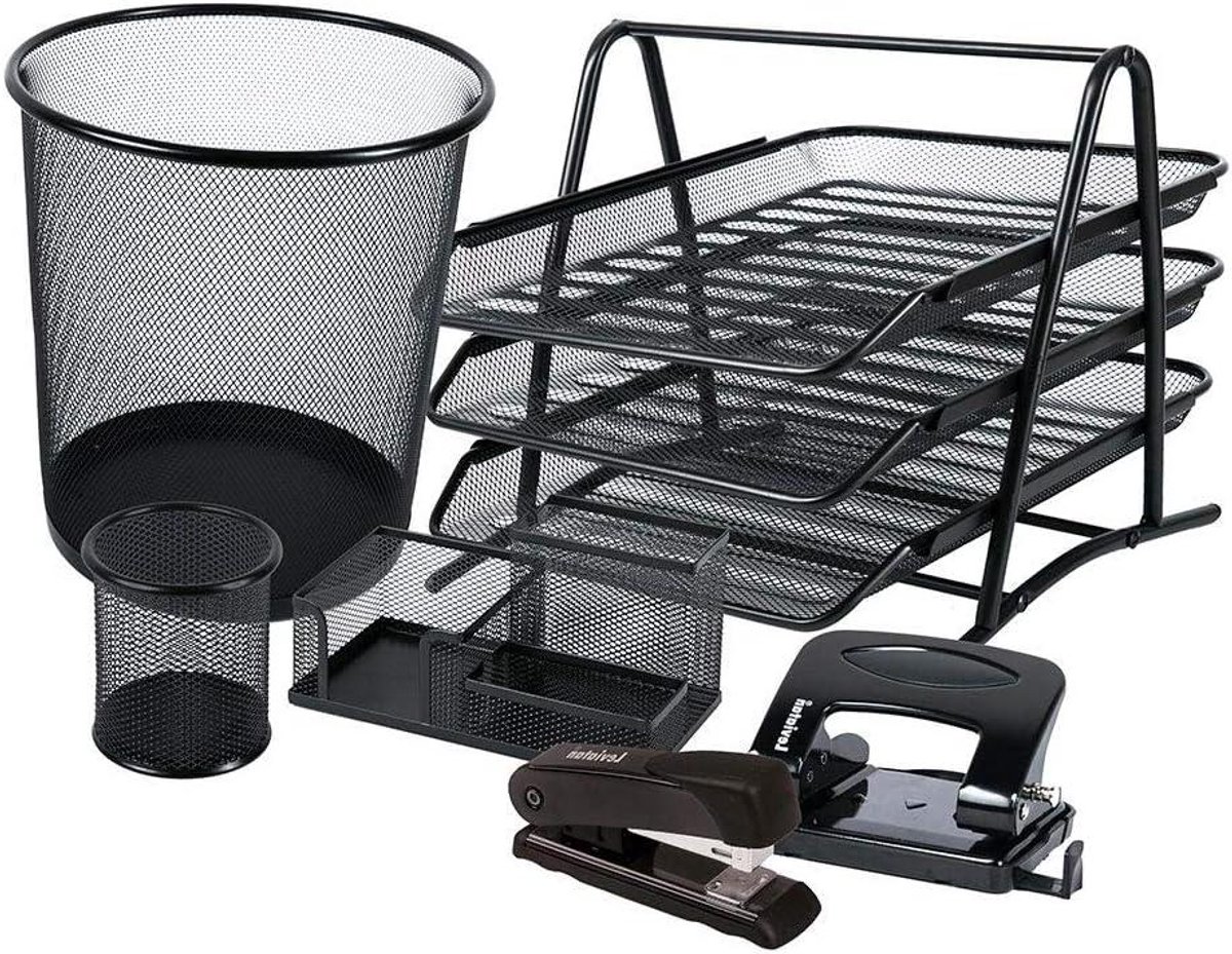 Bureauset Organizer - Opbergsysteem Kantoor - Werkplek Inrichten - Mesh Metaal Constructie - 37 x 305 x 35 cm - Zwart