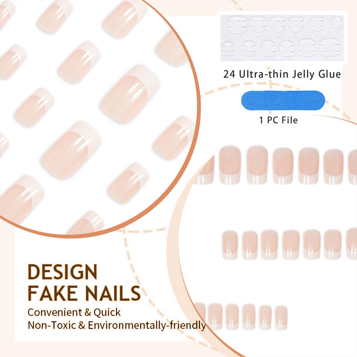 24 stuks press-on nagels, middelgrote vierkante set, eenvoudige witte Franse tip-stijl, glitter, kunstnagels, schattige roze kunstnagels voor vrouwen en meisjes