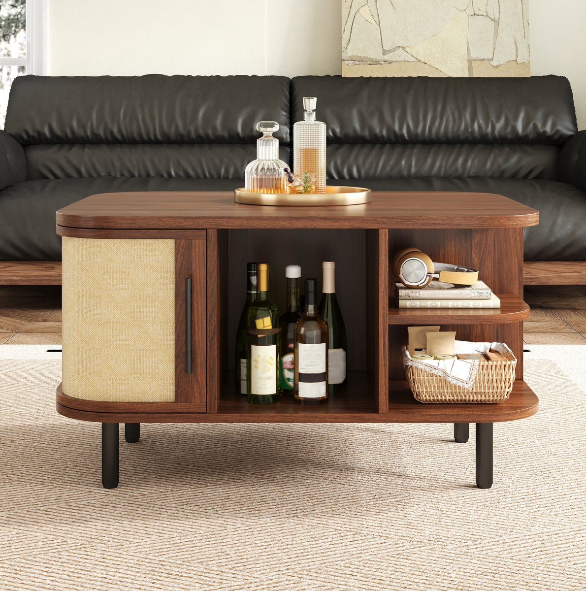 MIVRAY Salontafel - Gebogen Vorm Met Opbergruimte - Open Vakken En Zijkasten Voor Woonkamer - MDF En Metaal - 80x60x47 Cm - Walnoot