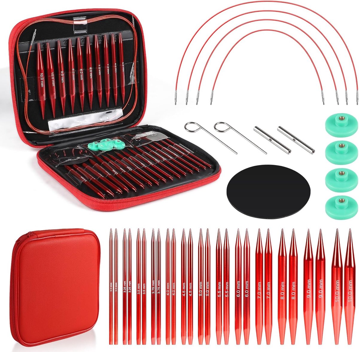 Rondbreinaaldenset, 13 paar, vervangbaar, 3,0-10,0 mm, metalen breinaalden, set 40-100 cm, kabel met opbergtas, geschikt voor breien, cadeau, rood