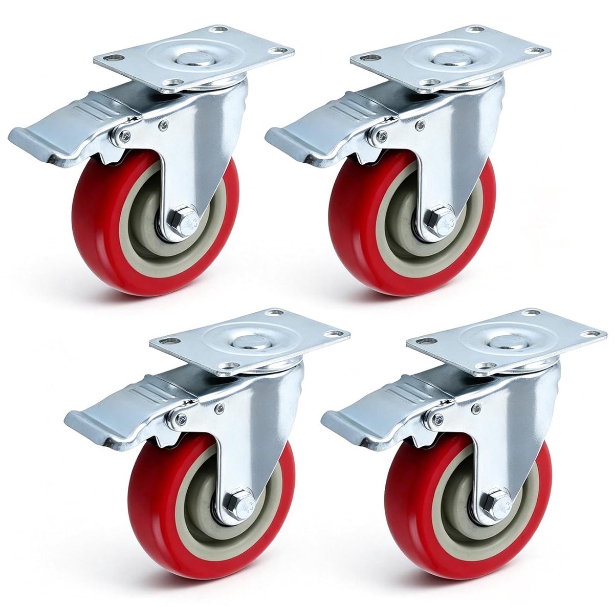 4 stuks zware wielen 100 mm met rem, meubelwielen, zware belasting van rood polyurethaan, verzinkte transportwielen, wielen voor meubels, werkbank en industrie, 700 kg draagkracht