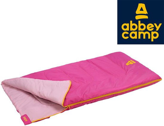 Roze slaapzak van Abbey Camp met lichtroze voering en gele rits.