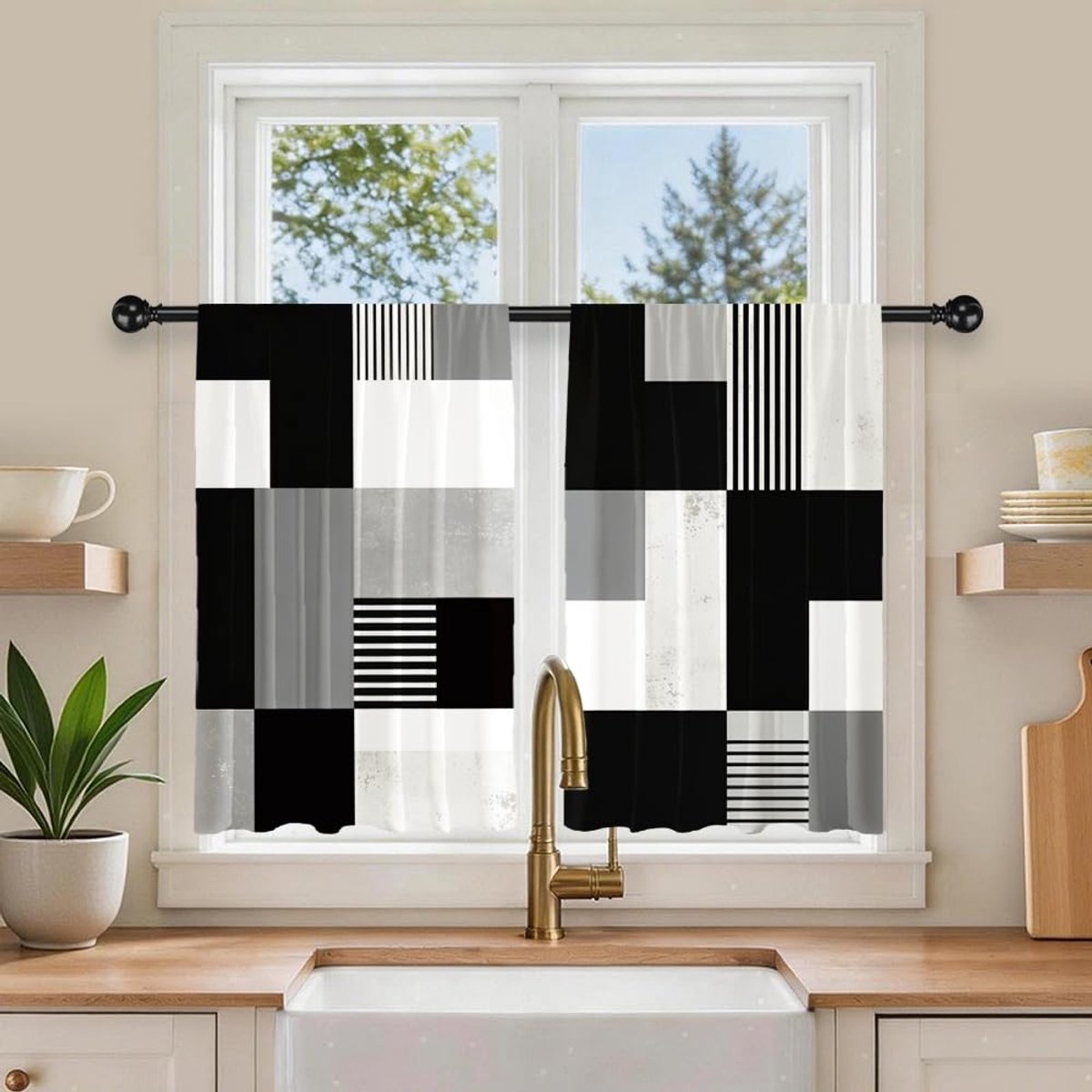 blok bedrukt polyester korte keukengordijnen 70 x 91 cm roedezak gestreepte patchwork gordijnen kleine decoratieve raamgordijnen voor badkamer woonkamer 2 panelen
