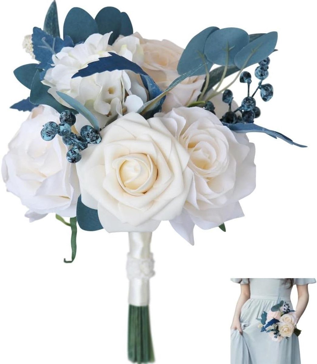 Bruiloft Boeket - Kunstbloemen Boeket - Bruiloft Decoratie - Handgemaakt Ontwerp - 18x28 cm - Blauw