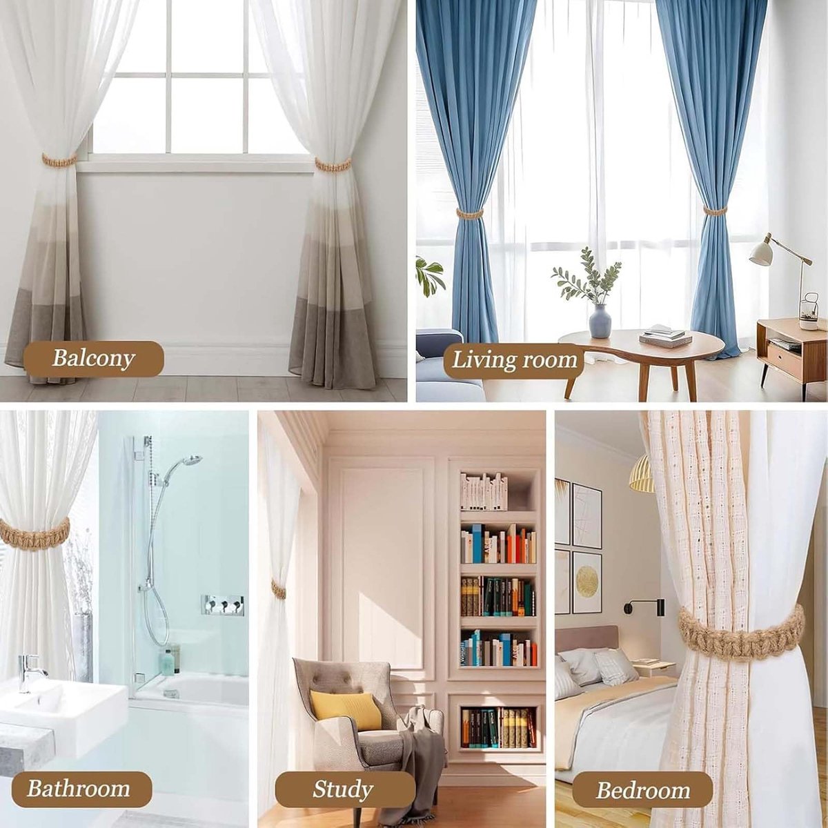 4 stuks gevlochten gordijnhouders, boho-embrasses voor gordijnen, verstelbare gordijnhouders, gordijnhouder, gordijnband, geschikt voor slaapkamer, woonkamer en kantoor (bruin)