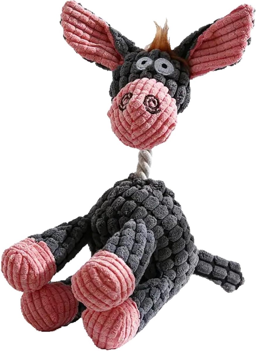 Hondenknuffel Donkey - Zacht pluche - Interactief spel - Met pieper - 29 x 20.5 cm - Grijs