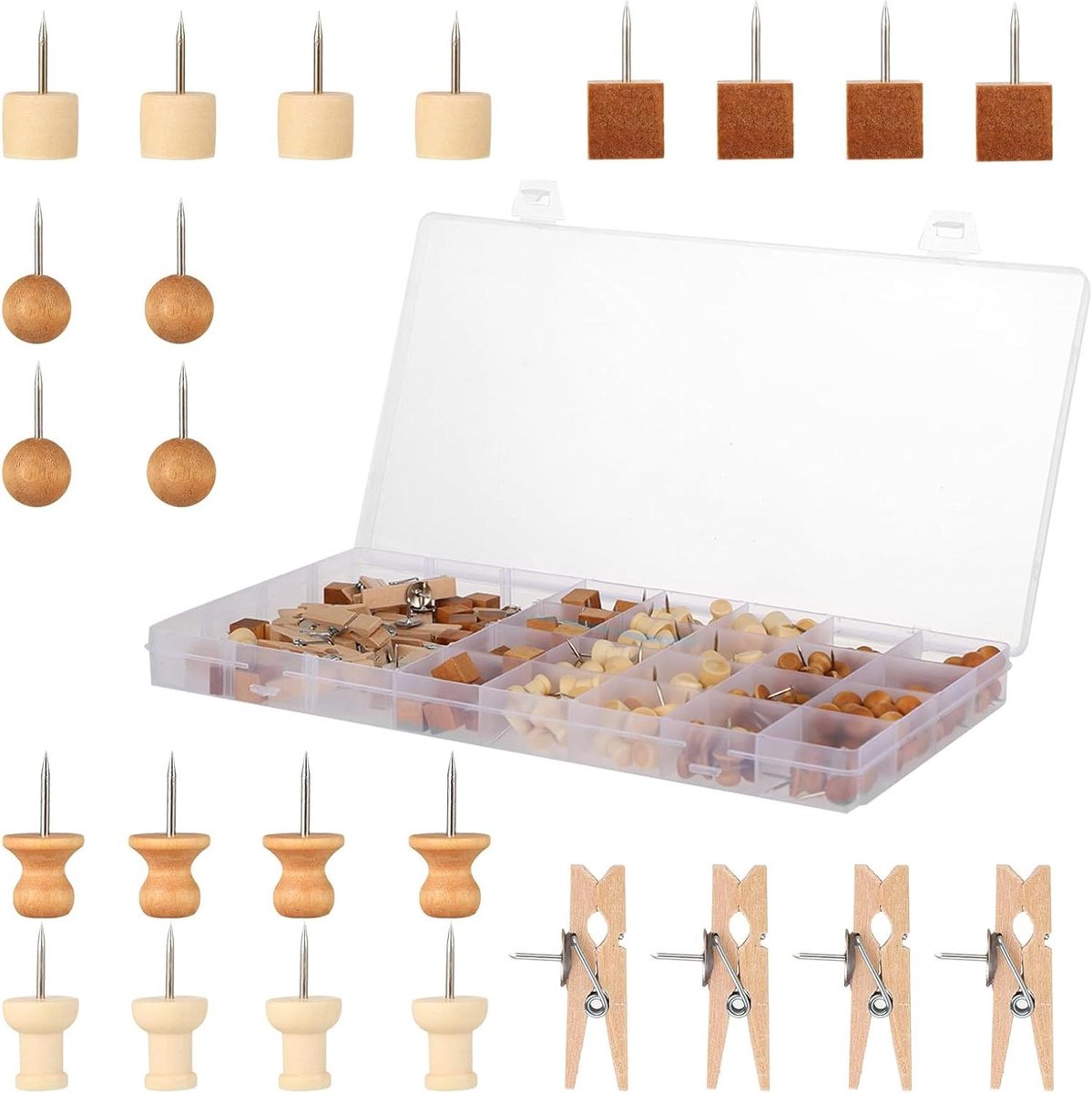 Houten Spelden - Prikspelden Punaises - Decoratie Bevestigen - 220 Stuks Divers - Transparante Doos - Natuurlijk Hout