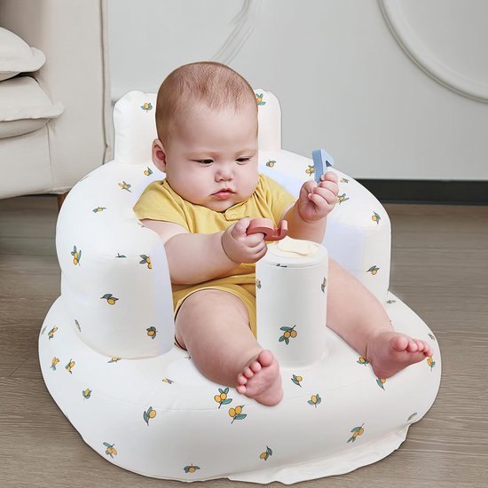Opblaasbaar baby leert-zitstoel olijfprint wit 50×58×37 cm, opblaas speelzitje met bekerhouder, draagbaar waterbestendig babyzitje voor thuis en op reis — afbeelding 4