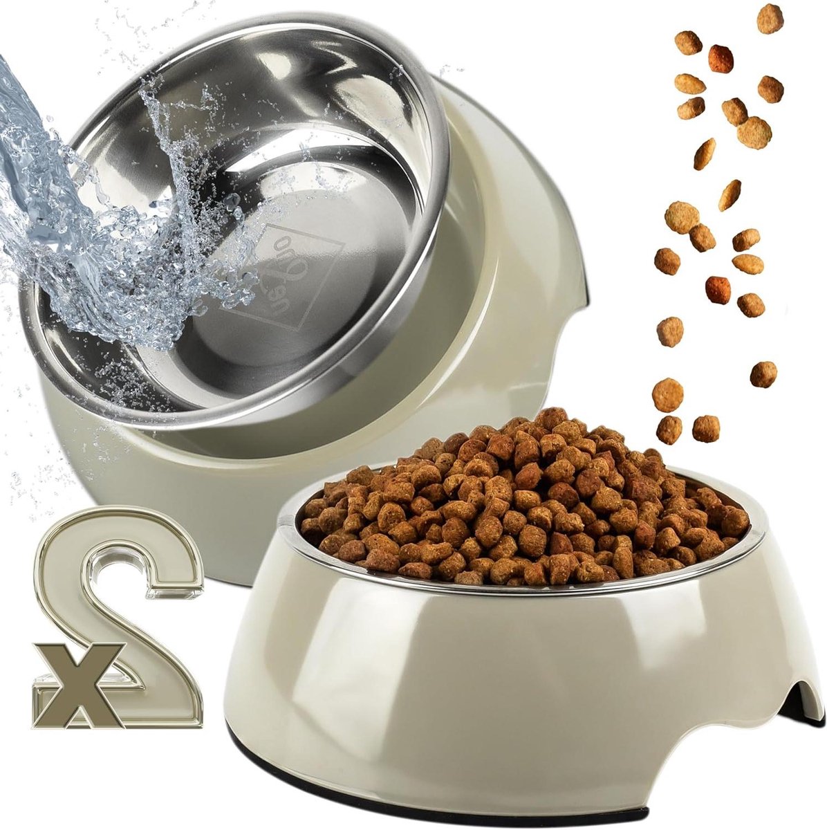 Voerbak Set - Hondenbak Drinkbak - Zorgeloos Voeren - Antislip Roestvrij Staal - 350 ml - Taupe