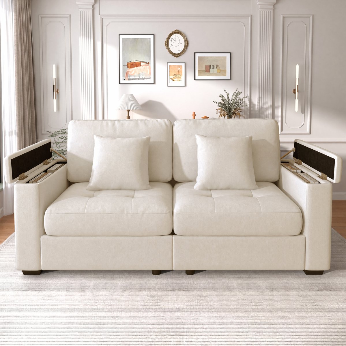 STILVORA Zitbank 180 cm - 2-Zits Met Opbergruimte In Armleuning En Zijvakken - Voor Kleine Woonkamer - Chenille Beige