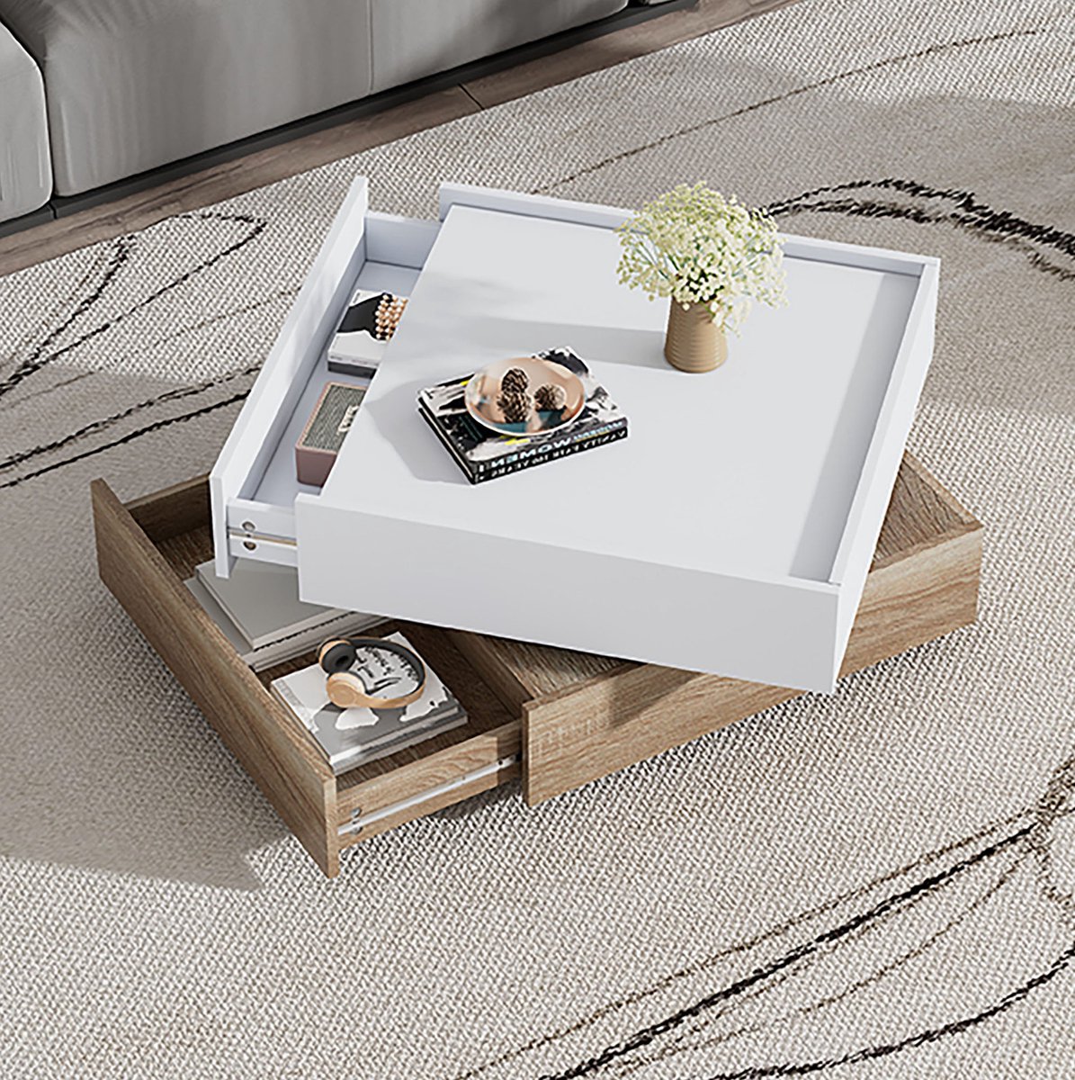 MIVRAY Salontafel - 360 Graden Draaibaar Met 2 Lades En 2 Niveaus - Voor Woonkamer Of Kantoor - Spaanplaat - 60x60x38 Cm - Wit Walnoot