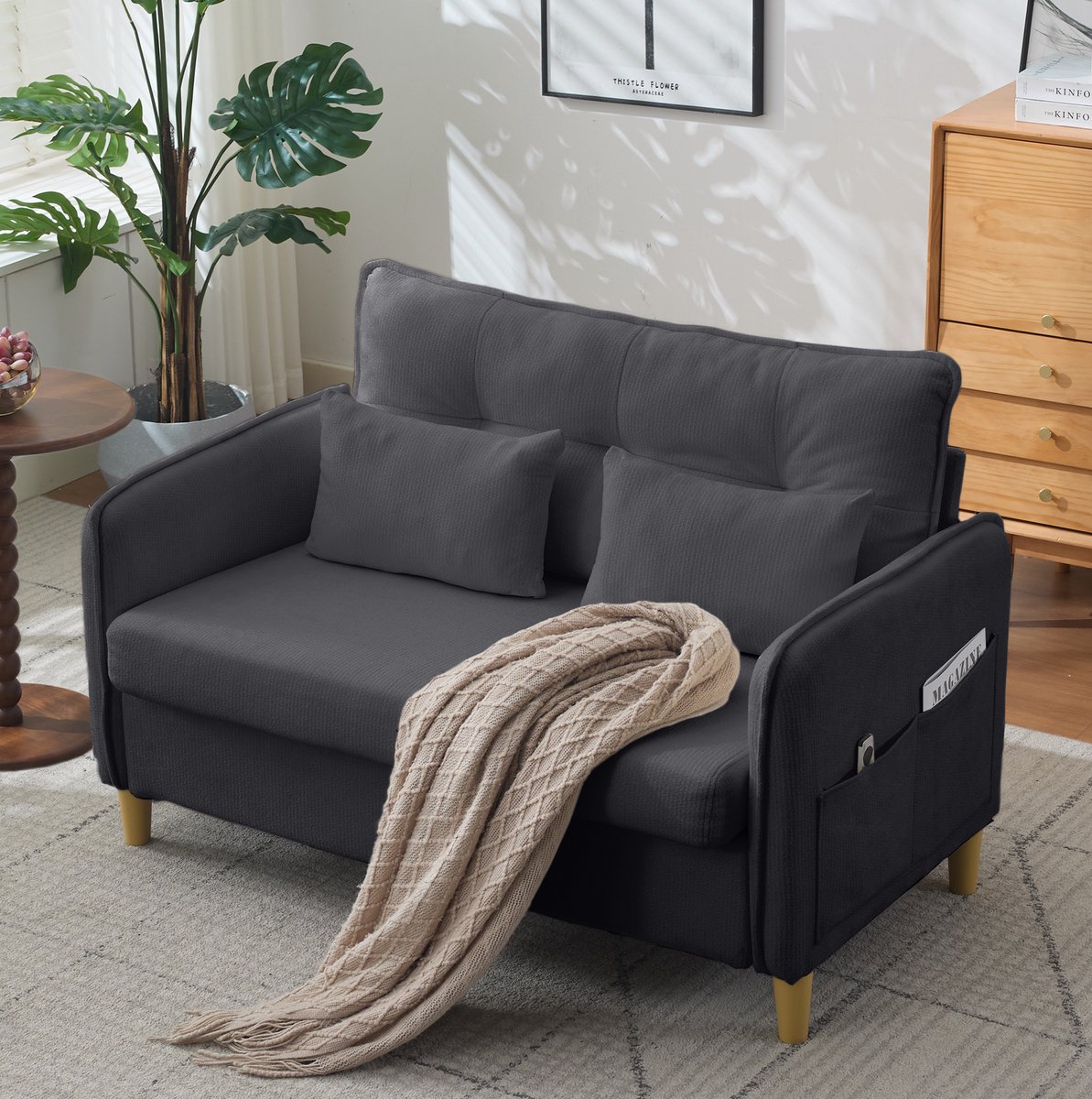 STILVORA Zitbank 127 Cm - 2-Zits Met Armleuningen En Zijvakken - Comfortabele Bank Voor Woonkamer, Kantoor En Studeerkamer - Chenille Donkergrijs
