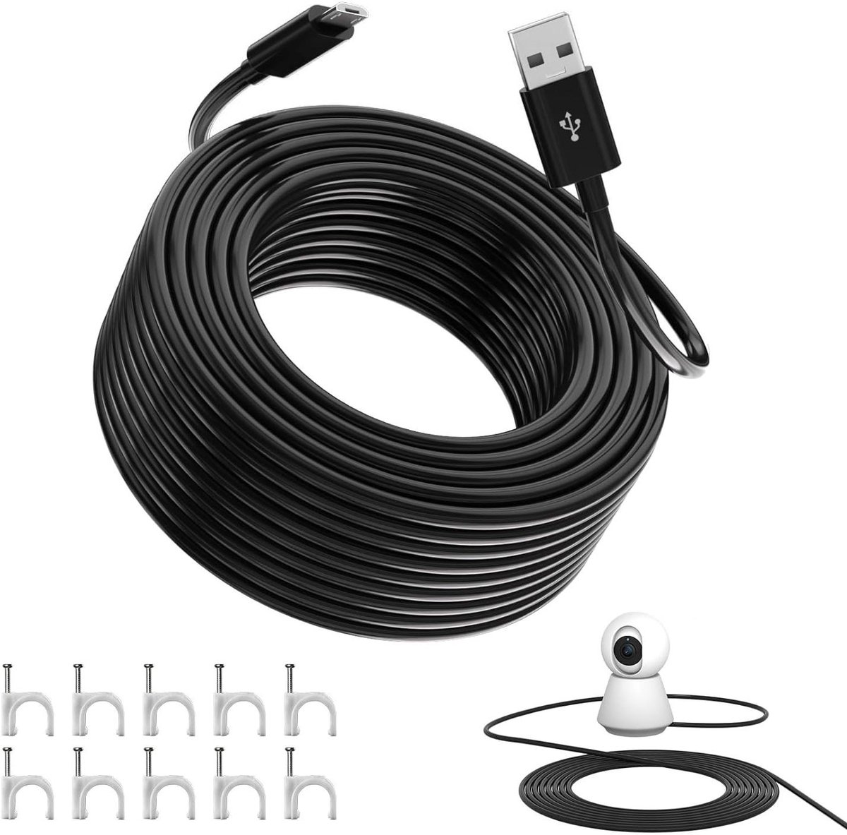 Micro-USB Oplaadkabel - Verlengkabel Camera - Camera Voeden - Duurzaam PVC Materiaal - 10 meter - Zwart