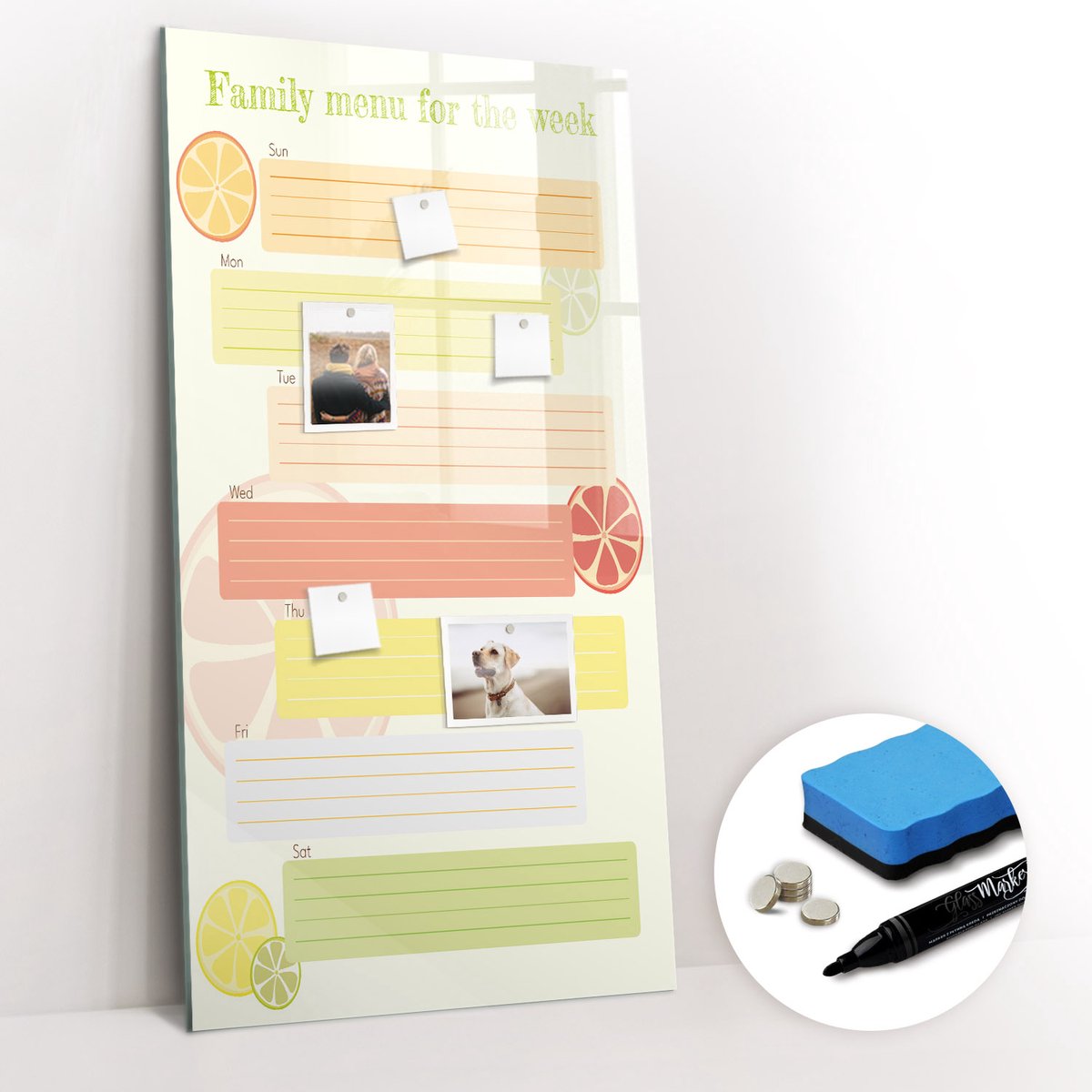 Tulup Whitebord - Menuplanner - 60 x 120 cm - Oranje Memobord Glas - Gratis 5 Sterke Magneten + Whiteboard Marker & Wisser - Organizer Muur - Memo Bord - Notitiebord Werkplek