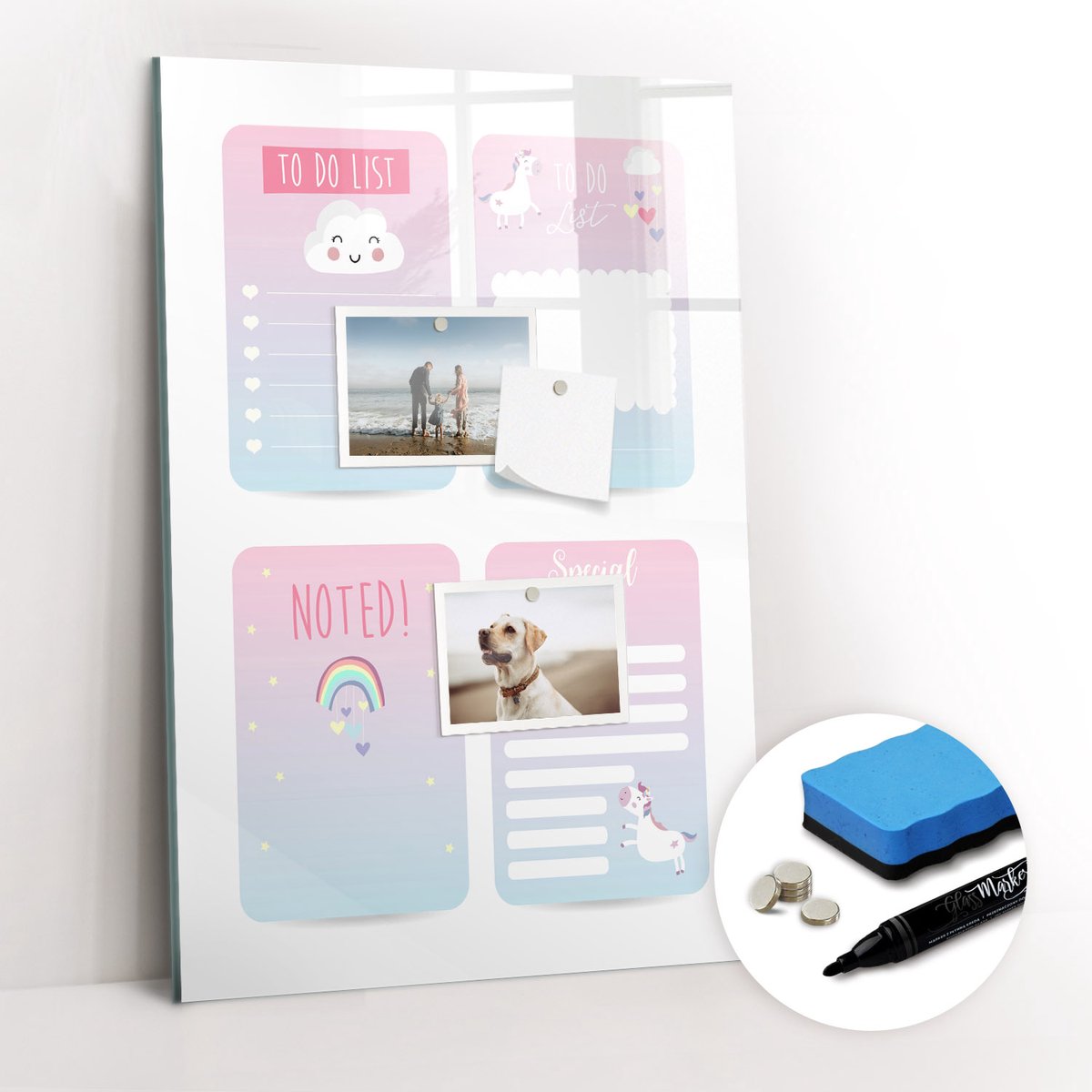 Tulup Whitebord - Eenhoorn planner - 40 x 60 cm - Veelkleurig Magneetbord Rechthoekig - Gratis 5 Sterke Magneten + Whiteboard Marker & Wisser - Design Memobord - Magneetbord Muur - Ideeënbord Thuiswerkplek
