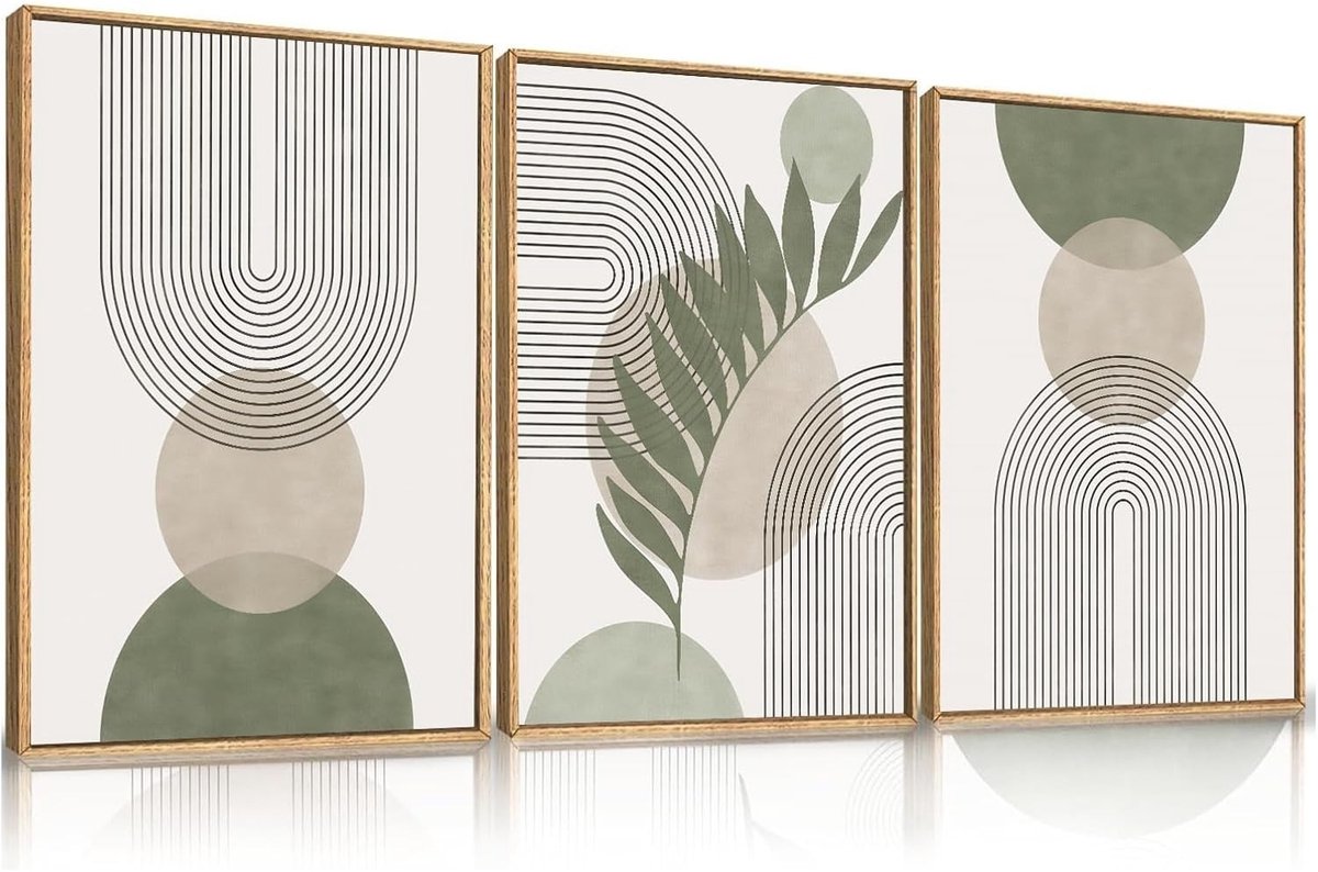 Mrilary 3-dijst Abstracte Geometrische Kunstprint Set 30x40cm | Beige Groene Bladeren Minimalistische Muurdecoratie voor Woonkamer Keuken Gang | Boho Stijl Canvas Schilderijen(Exclusief Lijst)