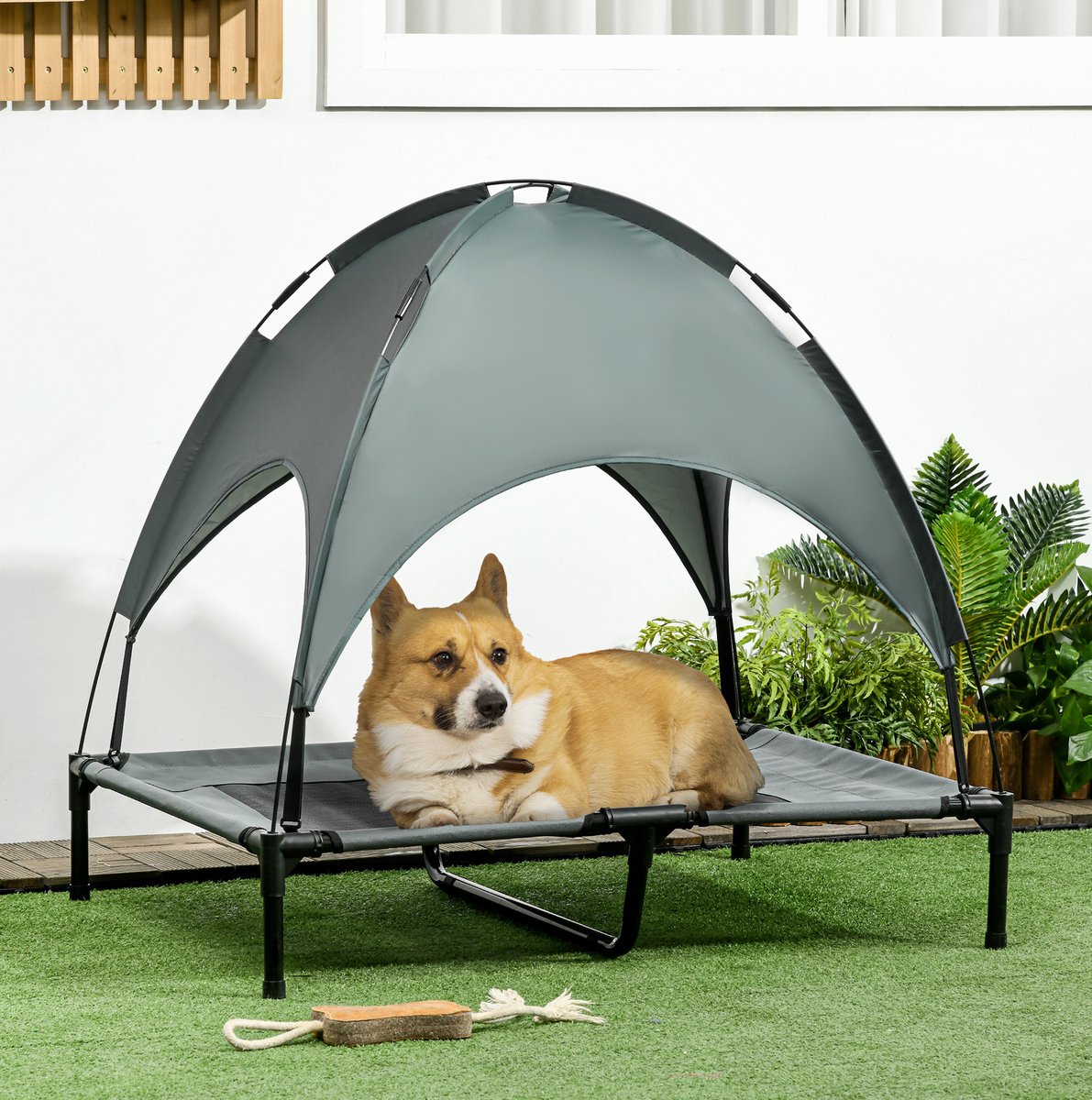 MEUNIQ verhoogd hondenbed met baldakijn 92 x 76 x 90 cm, ademend ligbed voor huisdieren, afneembare zonneluifel, metalen frame, grijs
