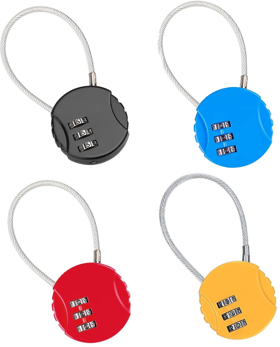 Bagagesloten, resetbaar cijferslot met 3 cijfers, hangslot met kabel voor fitnessstudio, kast, koffer (4 kleuren)