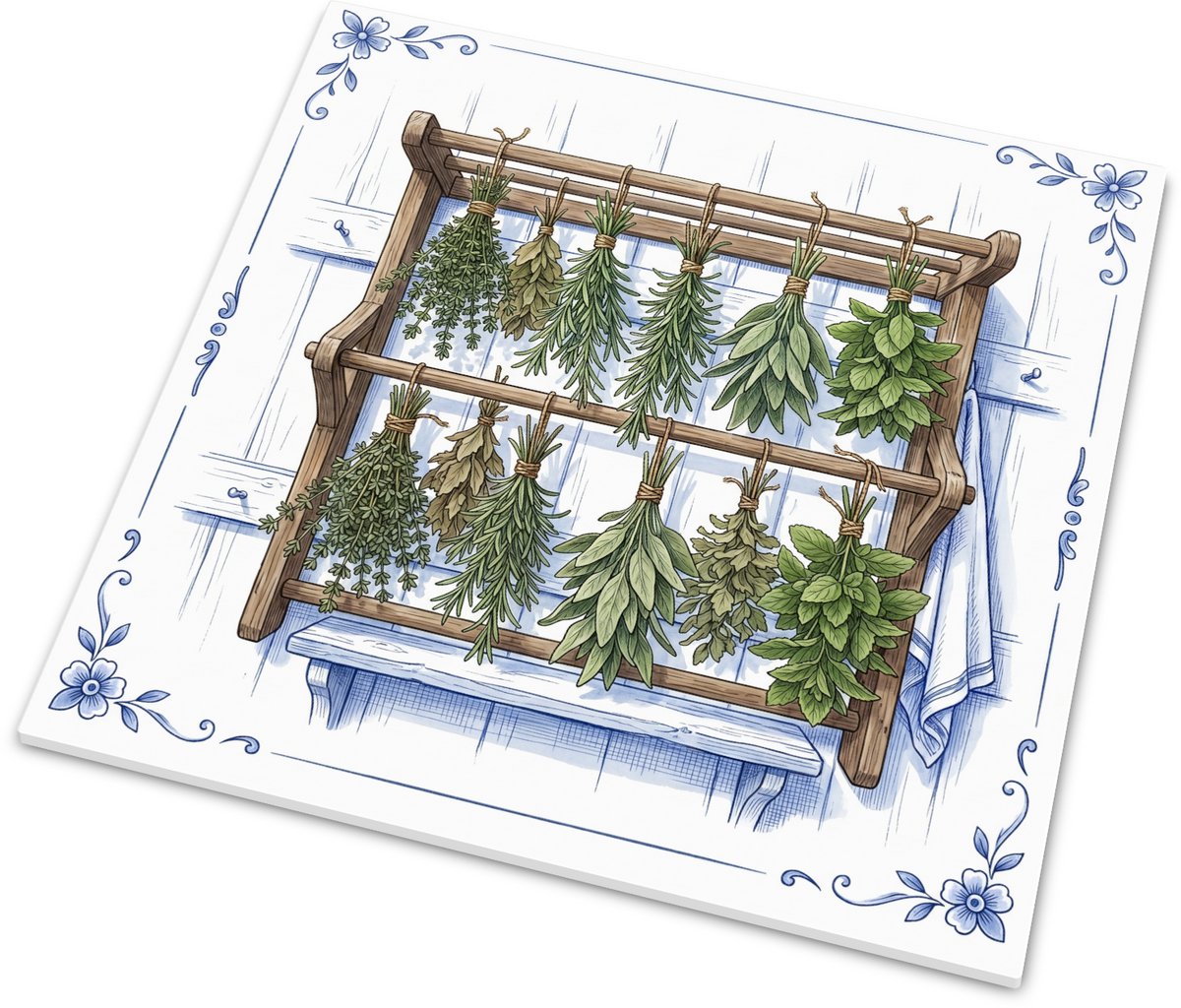 Tegeltje Kruidendroogrek Landelijke Keuken Delfts Blauw met Aquarel Wanddecoratie Nostalgi