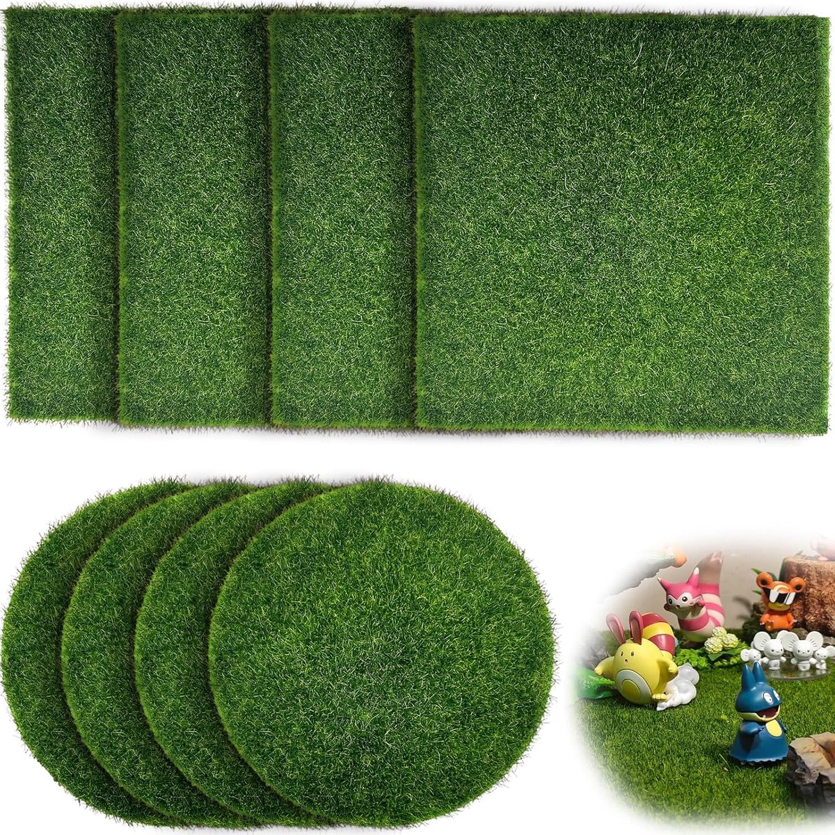 Kunstgras, 8 stuks, miniatuurtuin, 10 x 10 cm/15 x 15 cm, kunstmosdecoratie, miniatuurtuin, nepplanten voor potten, miniatuurdecoratie kunstgazon, kunstgrastapijt (rond, vierkant)