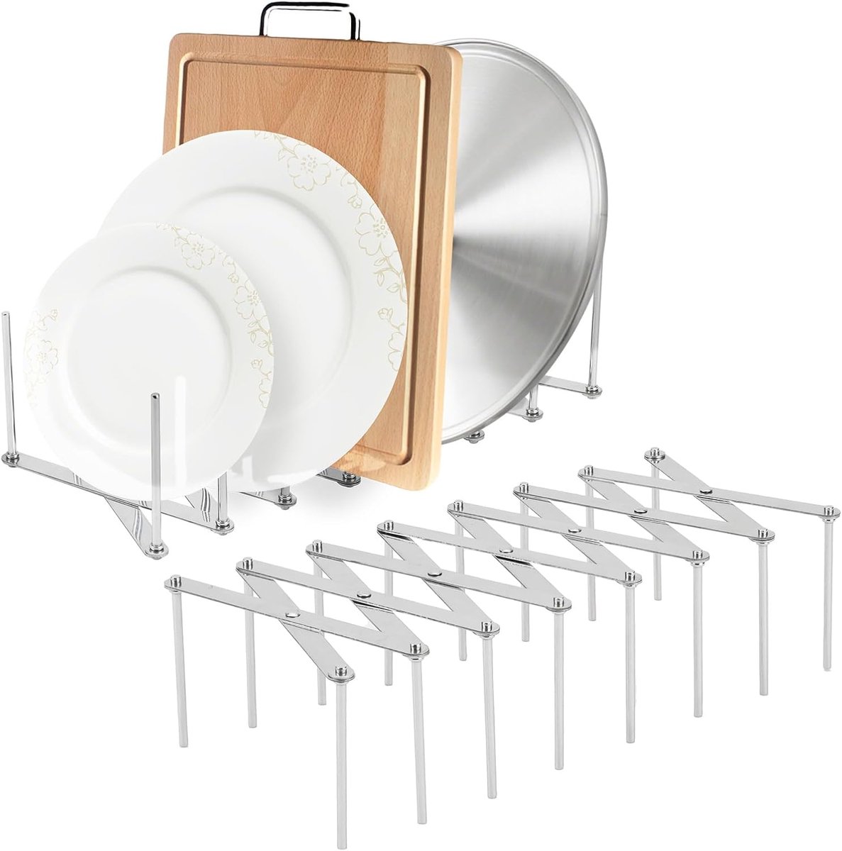 Pannendekselhouder, dekselhouder, spareribs-houder, roestvrij staal, verstelbare organizer, pannenhouder, lade, 7-raster, keukenorganizer, telescopisch opvouwbaar, geschikt voor potten