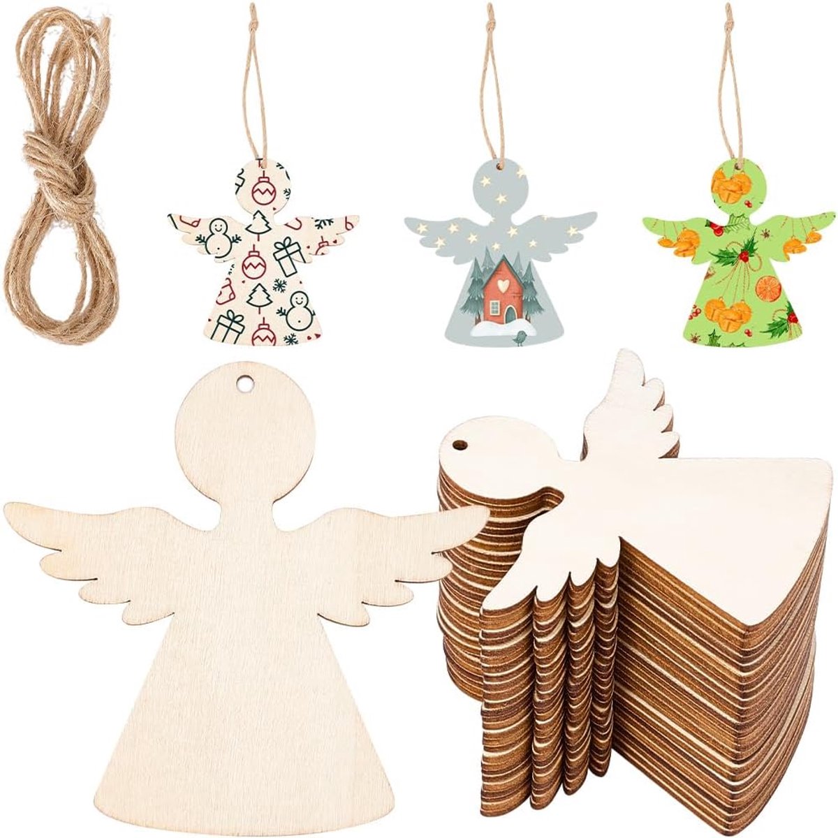 3 sets 30 stuks engelen houten ornamenten, onafgewerkte houten kerstuitsparingen met jute koord, hangende fee lege vleugels, ambachtelijke houten stukken tags voor kerstboom, bruiloft,