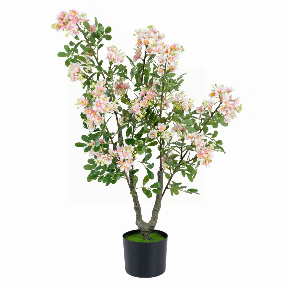 COSTWAY Kunstmatige Impatiens Boom 90 cm Kunstbloem Cement Pot | met Kunstgras 5 Bloeiende Takken, Kunstplant Binnen Buiten voor Decoratie van Woonkamer Slaapkamer Kantoor