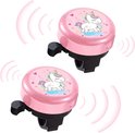 Twee roze fietsbellen met eenhoornafbeelding en hartjes.