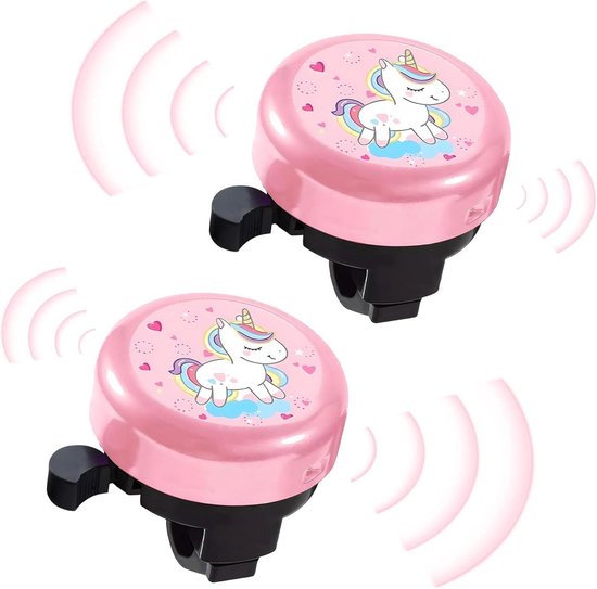 Twee roze fietsbellen met eenhoornafbeelding en hartjes.