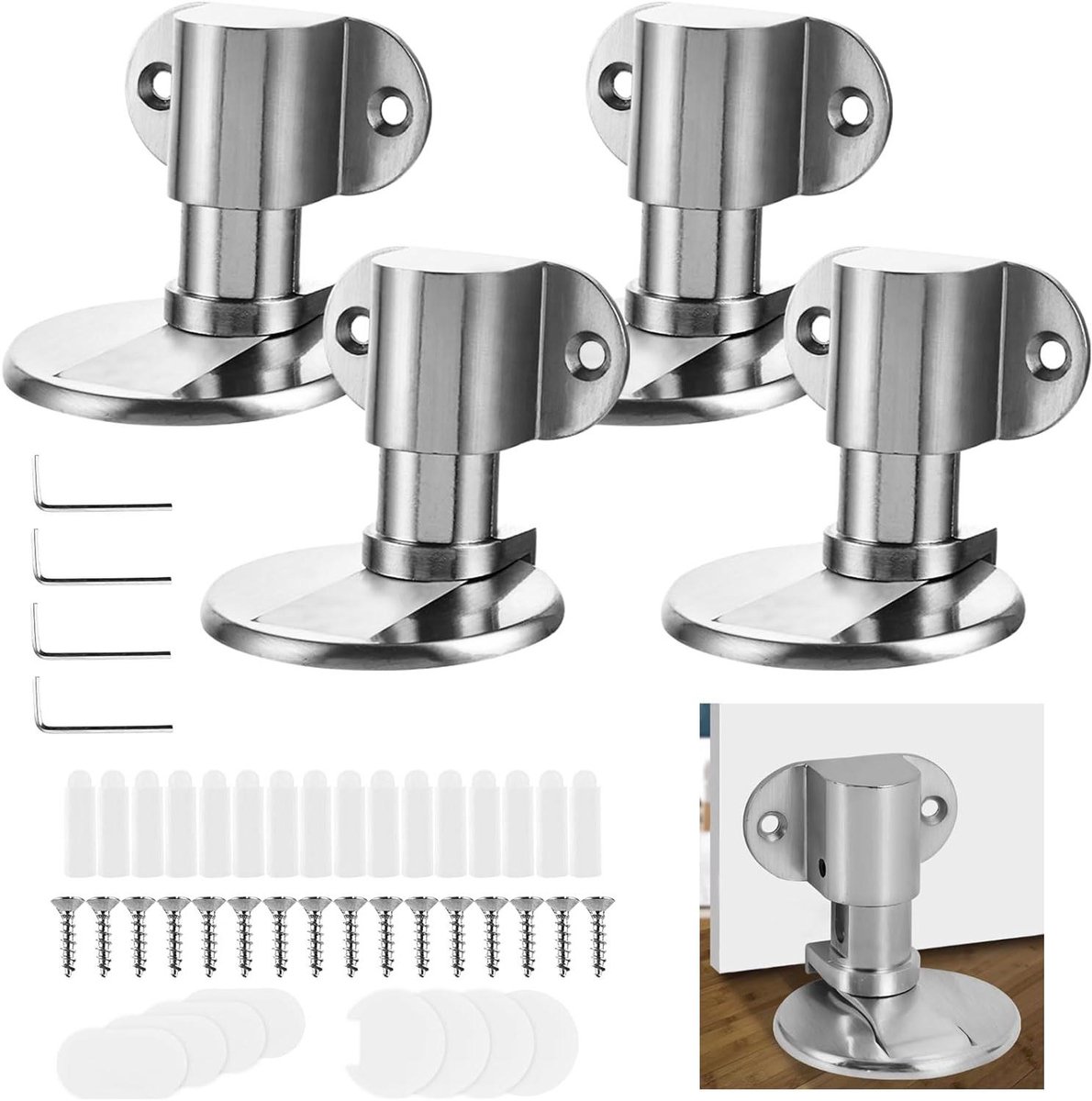 Deur Stopper - Magneet Houder - Muren Beschermen - Flexibele Montage - 4 Stuks - Zilver