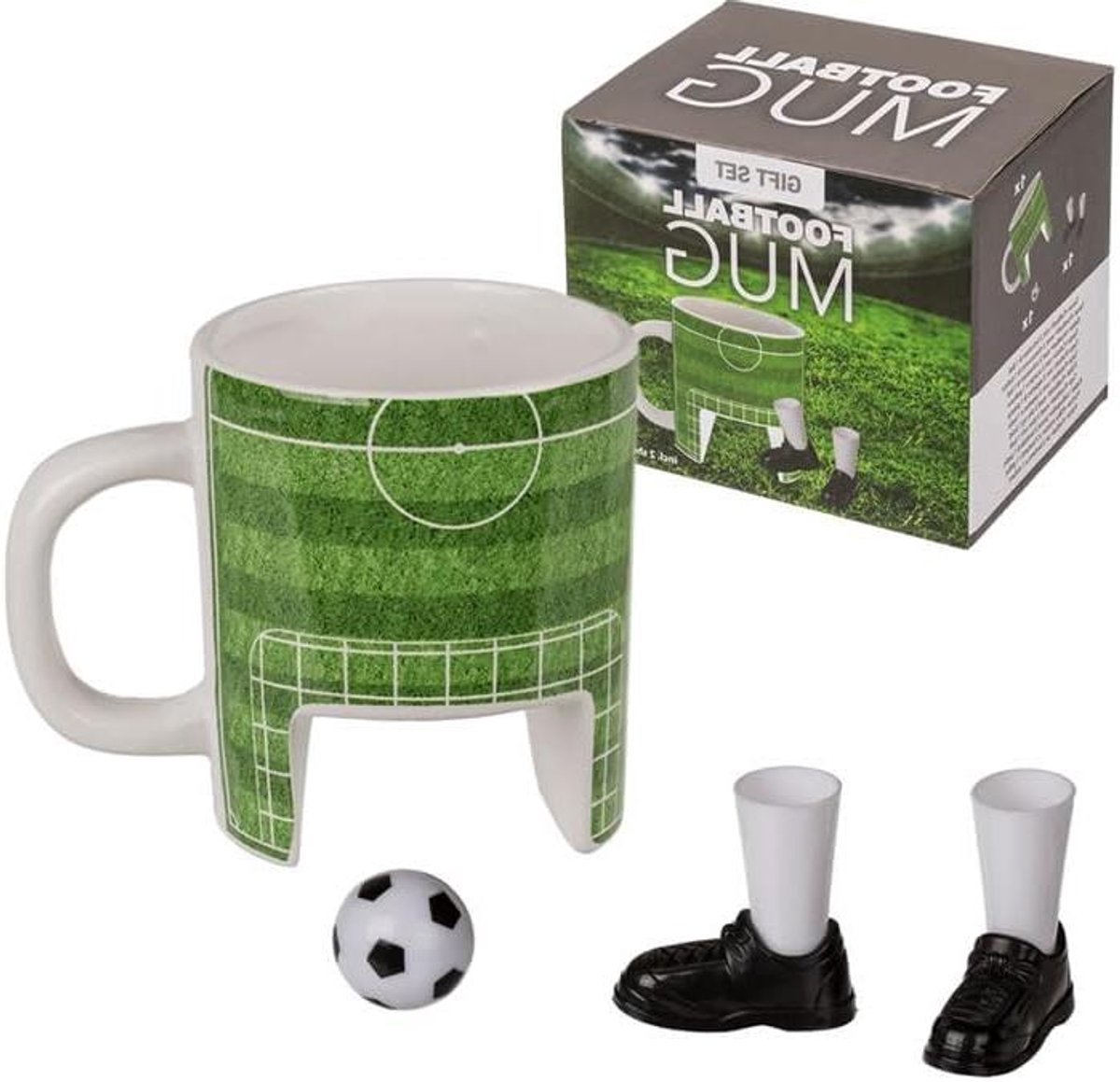 Voetbal Mok Set - Kantoor Gadget - Pauze en Ontspanning - Inclusief Mini Voetbal - H 11 cm - Wit