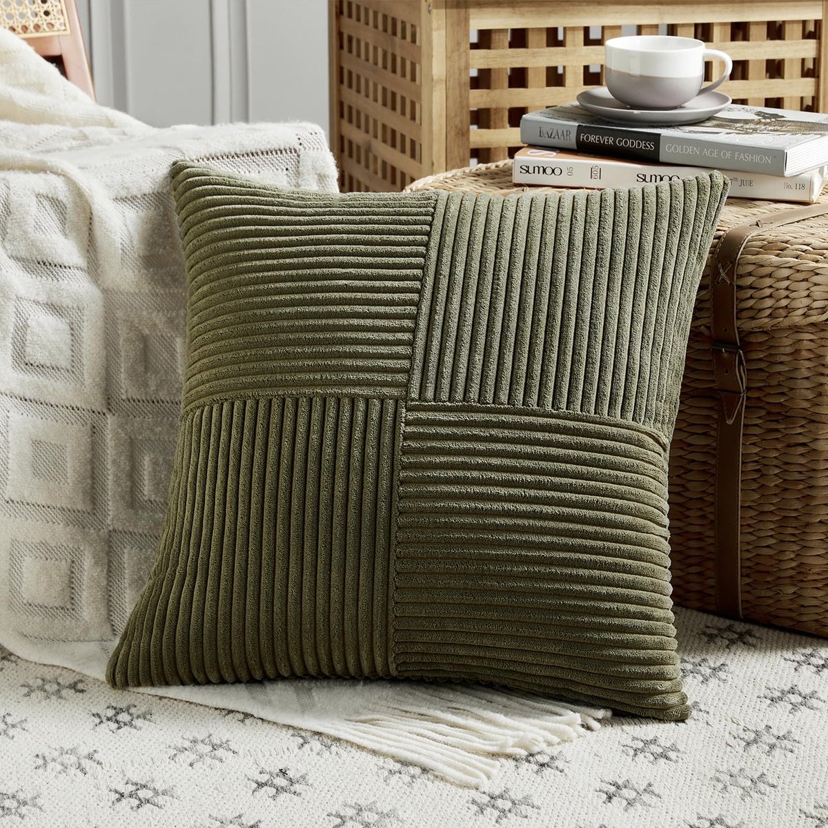 Kussenslopen Corduroy Fluweel - Decoratieve Kussenhoezen - Woonkamer Aankleden - Verborgen Ritssluiting - 50 x 50 cm - Olijfgroen