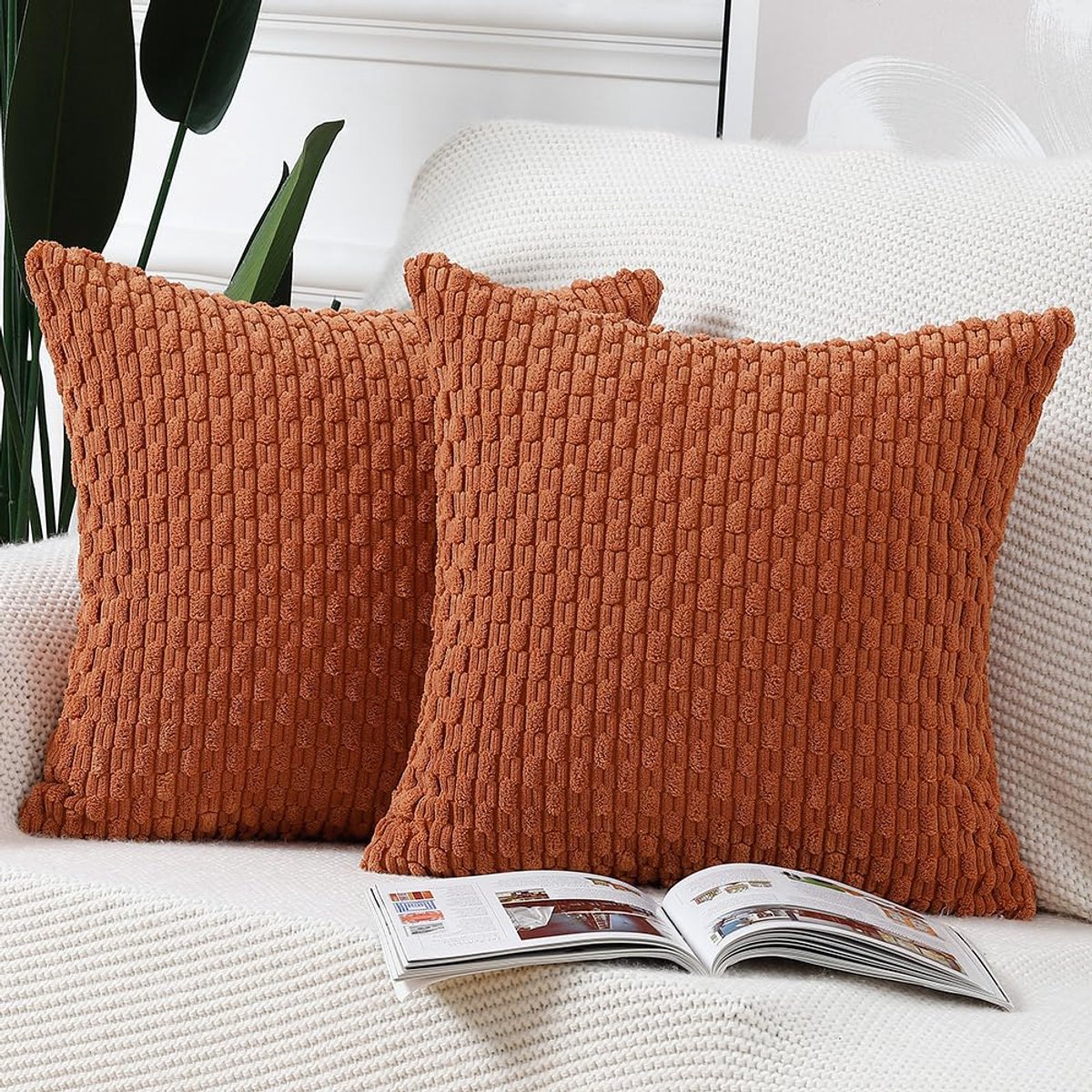 Set van 2 Corduroy Boho Kussenslopen Zacht Decoratief Kussenhoesje voor Bank Slaapkamer Kussenomslag 55x55 cm Roest