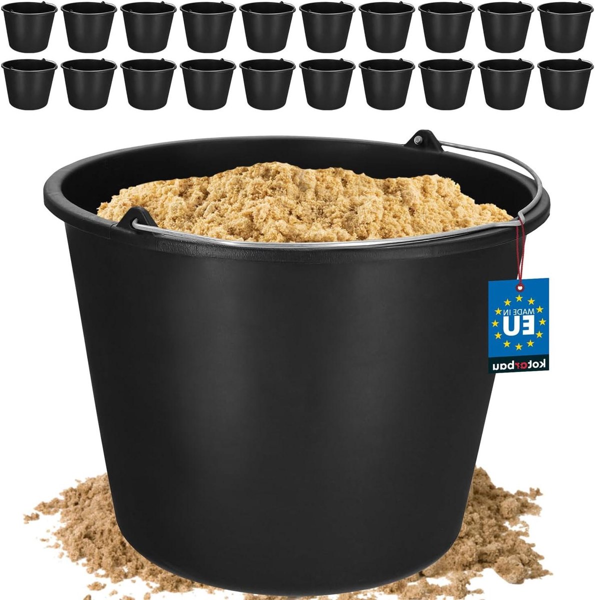 Bouwemmer Set - Kunststof emmers - Bouw en tuin - Met metalen handgreep - 20 stuks 16 liter - Zwart