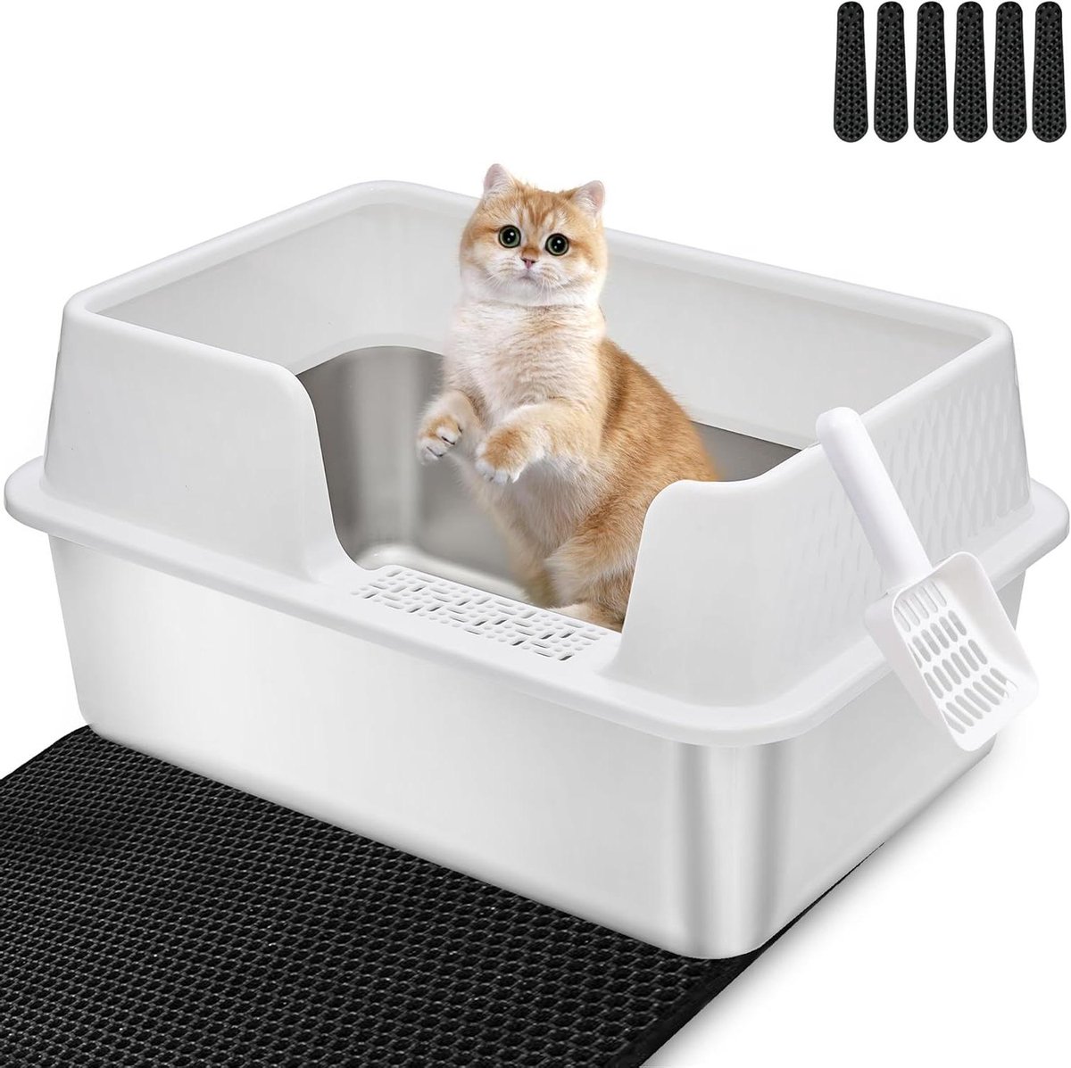 Kattenbak Set - Metalen Bak - Zindelijkheid Training - Roestvrij Staal - 50 x 35 cm - Wit