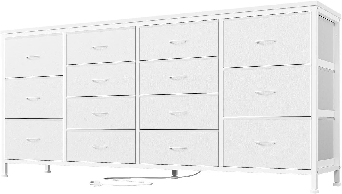 Groot TV Meubel / Dressoir met 14 Lades en Stopcontacten - Voor tv's tot 75 inch - 160 cm - Houtlook - Wit