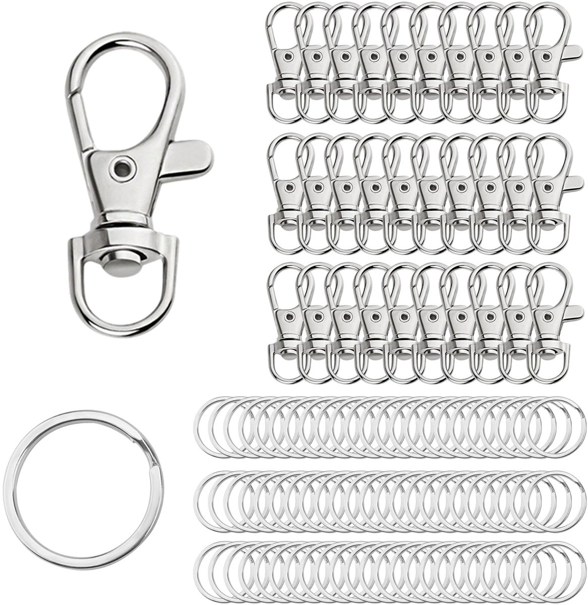400 stuks draaibare karabijnsluitingen, zilver, D-ring, sleutelhanger, metaal, met 20 mm sleutelring, draaisluitingen, karabijnhaken, sleutelhangers voor sieraden, sleutels, doe-het-zelf