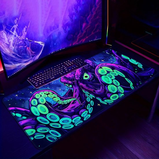 Gaming Muismat Octopus - Desk Pad Neon - Gaming Setup - UV Reactief Ontwerp - 80 x 30 cm - Zwart — afbeelding 4
