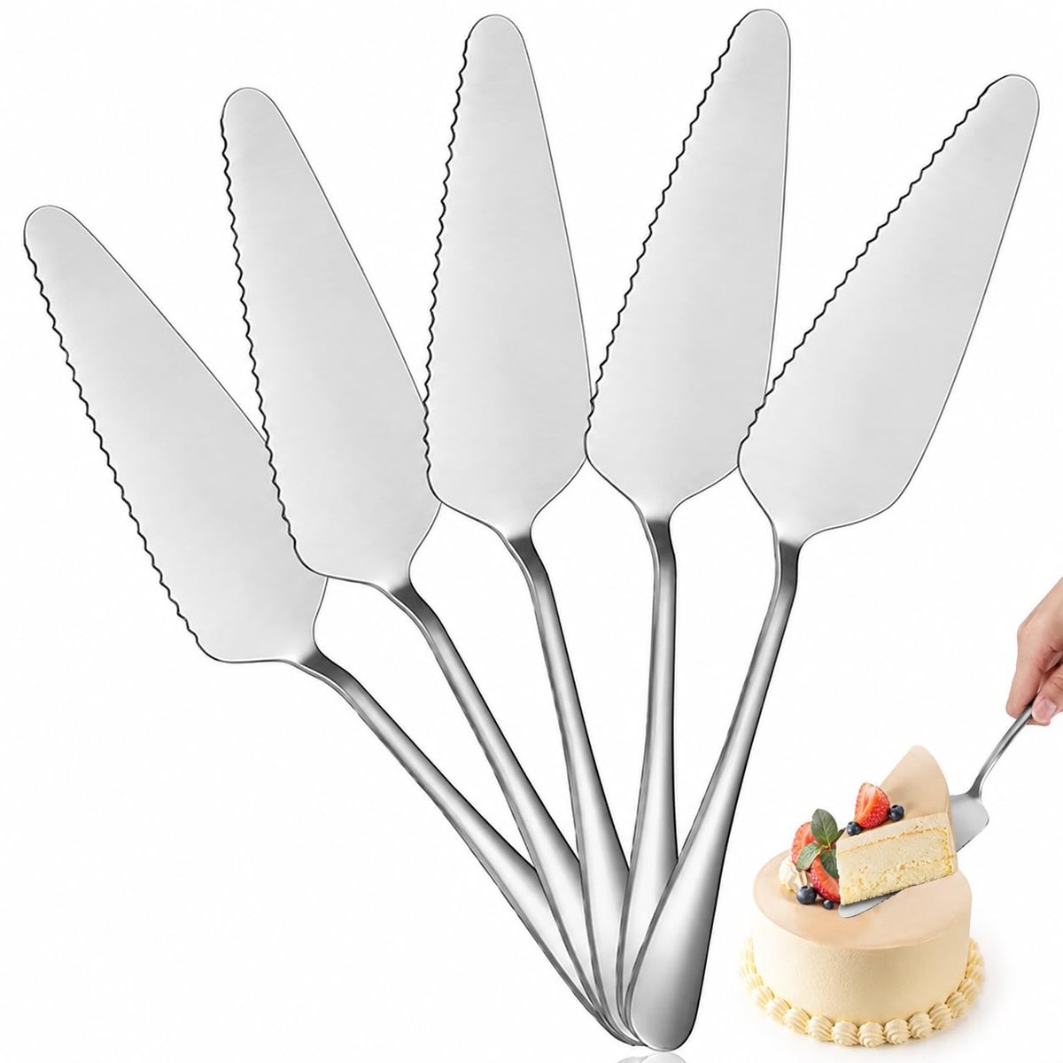 5 Stuks Pizza Gepolijst Gekarteld Mes, RVS Taart Cake Server, Professioneel Taartmes, Taartmes, Roestvrijstalen Gekartelde Taartschep voor Keuken, Dagelijkse Feesten, Bruiloften