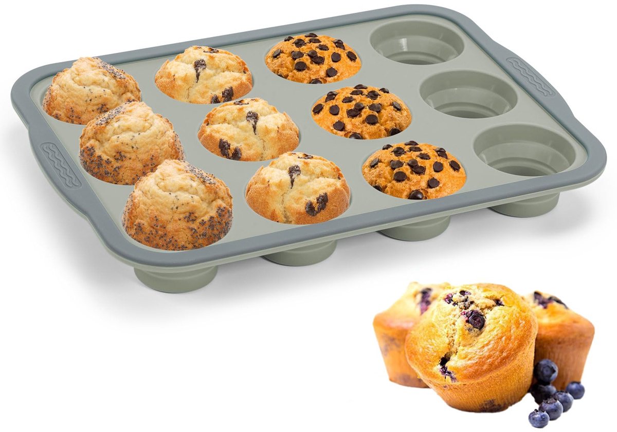 Muffin bakvorm voor 12 muffins standaardformaat, muffinvorm siliconen met metalen frame, anti-aanbaklaag, muffinplaat, siliconen muffinvormpjes voor cupcakes, brownies, puddingen, BPA-vrij