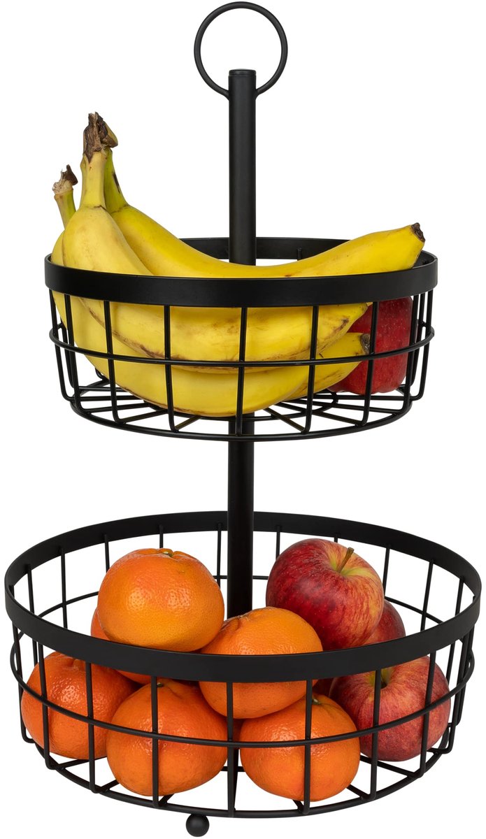 Mand 2 laags - Fruitschaal - Fruit organizer - Opberger - Decoratieve schaal - Opbergmand - Fruithouder - Schaal - Twee manden - Lagen - Metaal - 29 x 29 x 46 cm (lxbxh) - Zwart