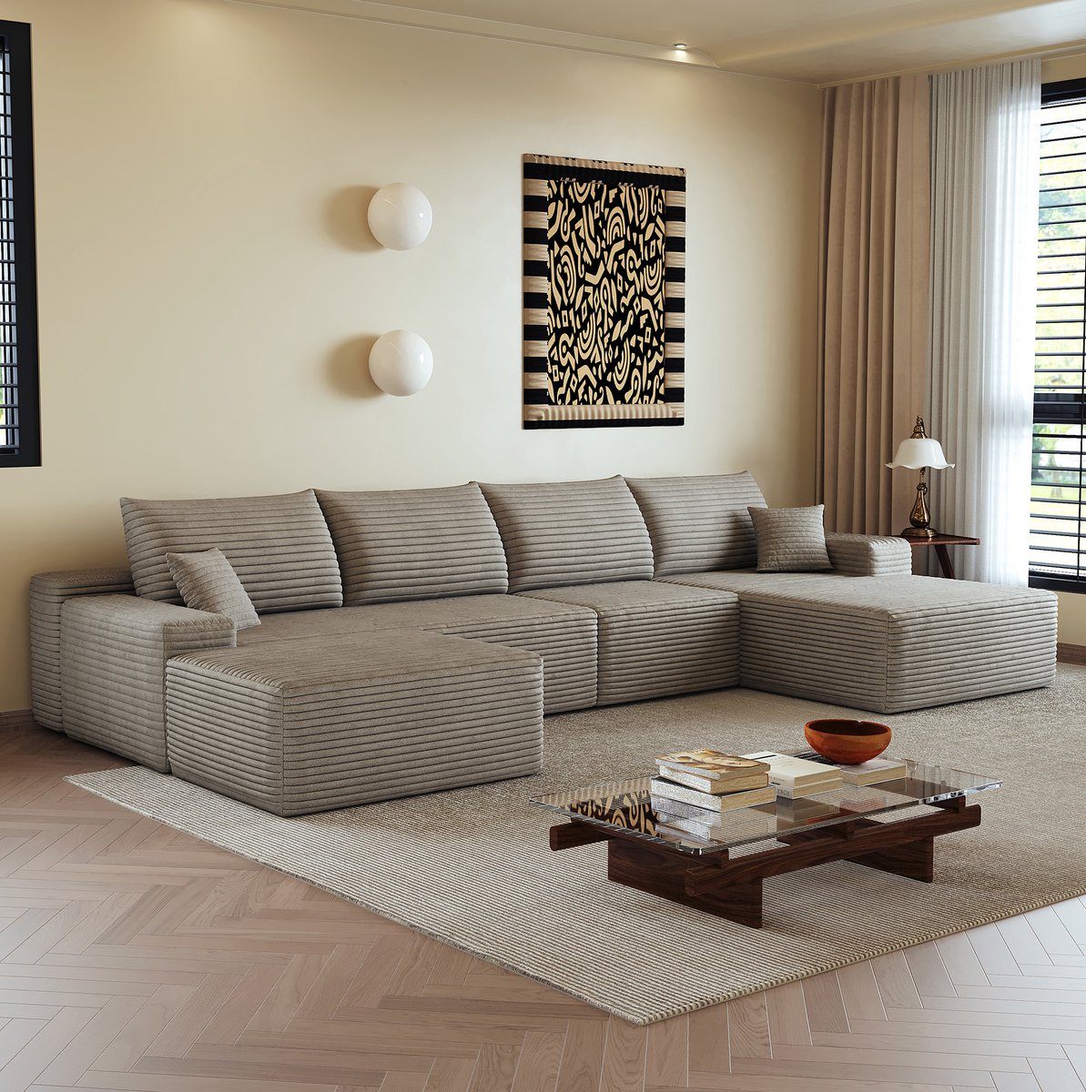 FloraGrace Hoekbank 340 cm - Modulaire 5-Zits Bank Met L-Vormige Chaiselongue En Diepe Zitting - Woonkamer Of Slaapkamer - Corduroy - Camel