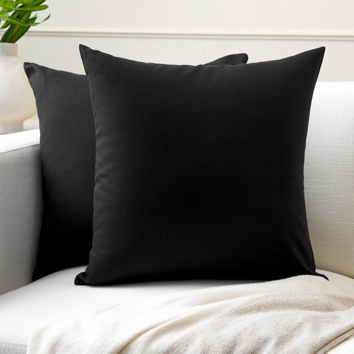 Homes Cushion Covers 2pc set (60 x 60 cm) - Pikzwart - Solid Dyed Cotton Canvas, Decoratieve Grote Vierkante Wasbare Kussenhoesjes voor Woonkamer, Sofa, Slaapkamer, Huis & Hotel