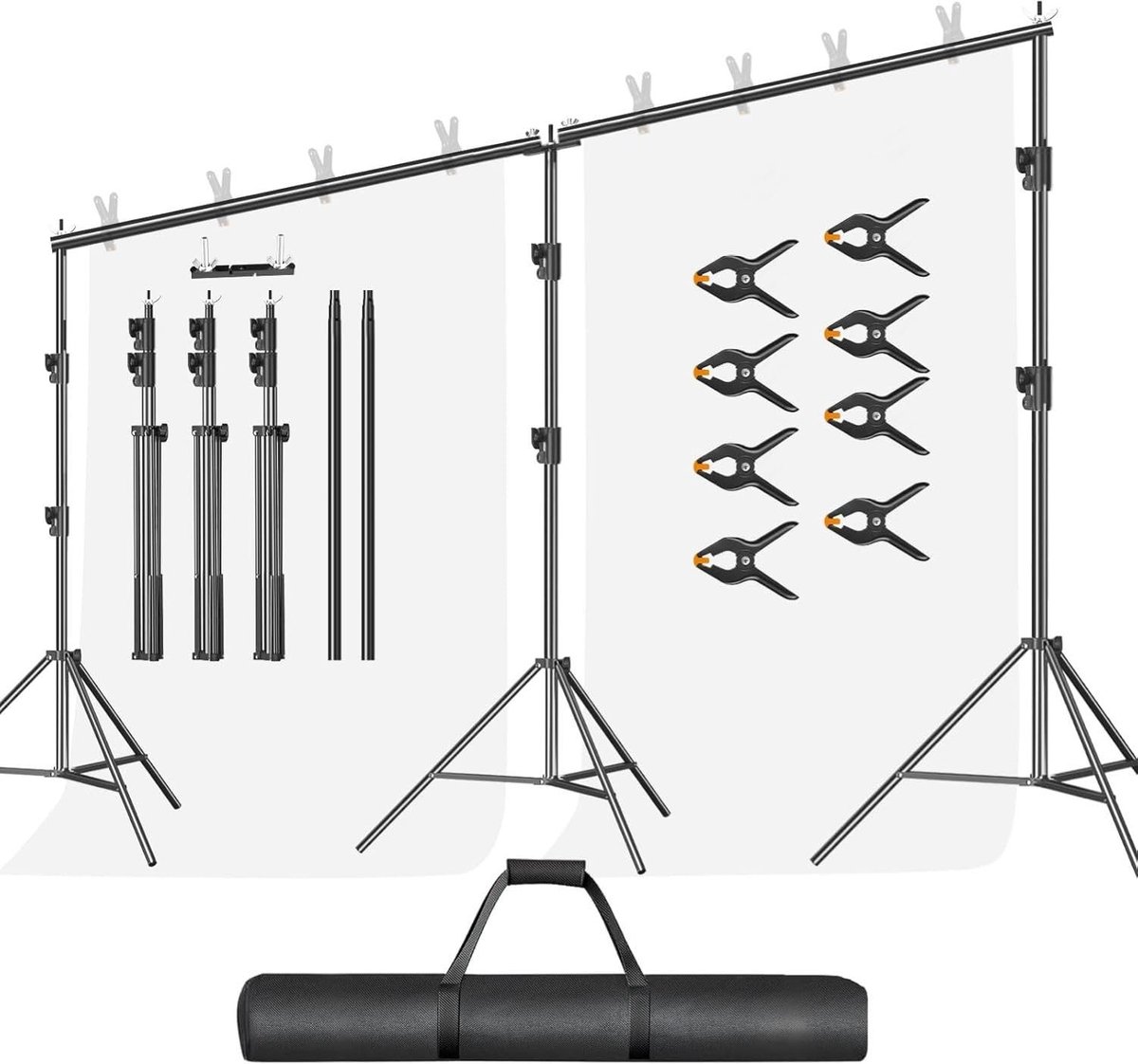 Fotoachtergrondstandaard 3m x 6m, Verstelbare Duurzame Achtergrondstandaard, Achtergrondsysteem Fotostudio met 8 Veerklemmen, 1 Draagtas voor Studiofoto, Fotografie, Video, Bruiloft