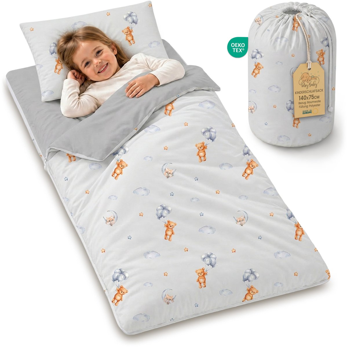 Slaapzak kinderen met kussen en ritssluiting voor baby 3-7 jaar - 75x140 cm kinderslaapzak binnen voor kinderdagverblijf kleuterschool dekenslaapzak Oeko-Tex 75 x 140 Teddyberen